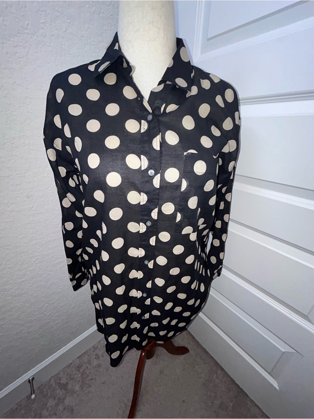 J.CREW Polka Dot Print 100% Cotton Button Front Long Sleeve Blouse Shirt Top